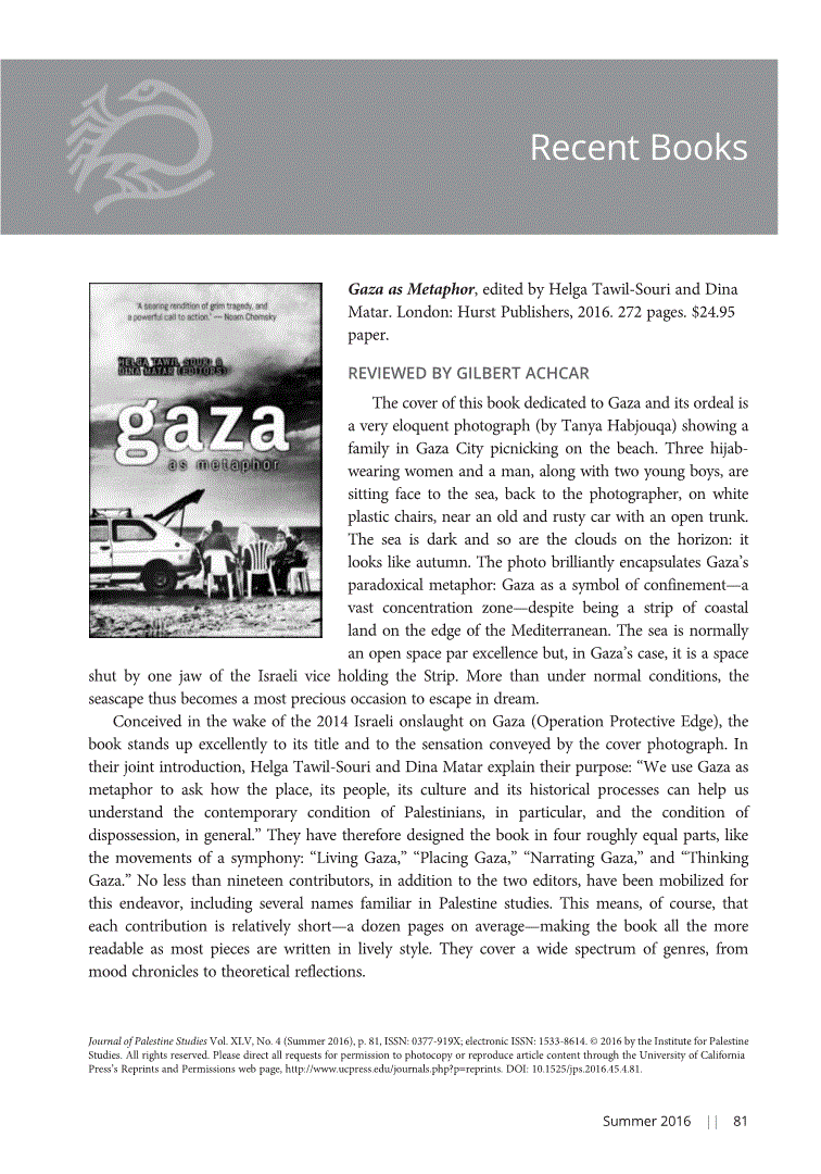 First page of Review: <italic>Gaza as Metaphor</italic>, edited by Helga Tawil-Souri and Dina Matar