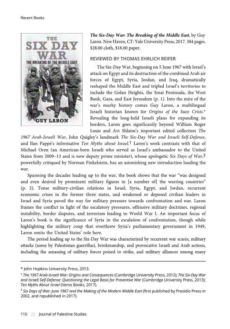 First page of Review: <italic>The Six-Day War: The Breaking of the Middle East</italic>, by Guy Laron