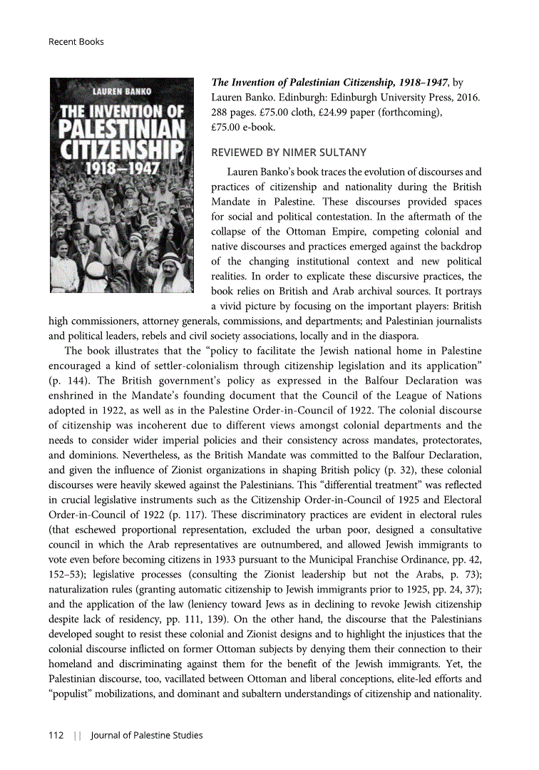First page of Review: <italic>The Invention of Palestinian Citizenship, 1918–1947</italic>, by Lauren Banko