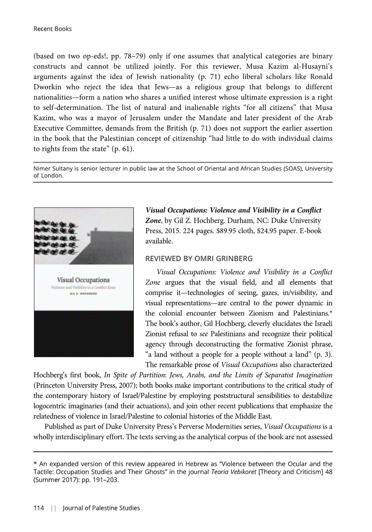 First page of Review: <italic>Visual Occupations: Violence and Visibility in a Conflict Zone</italic>, by Gil Z. Hochberg
