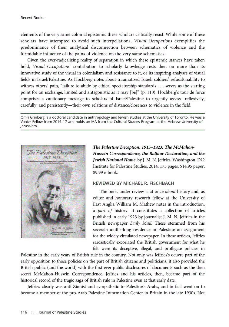 First page of Review: <italic>The Palestine Deception, 1915–1923: The McMahon-Hussein Correspondence, the Balfour Declaration, and the Jewish National Home</italic>, by J. M. N. Jeffries