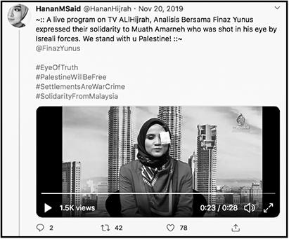TV AlHijrah anchor Hanan Said shares a photo of herself broadcasting live in Malaysia while wearing a solidarity eye patch. (20 November, Twitter)