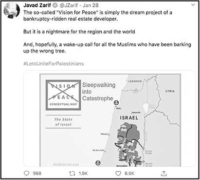 Iranian foreign affairs minister Javad Zarif presents a more truthfully labeled version of the White House's “Vision of Peace” conceptual map. (28 January, Twitter)