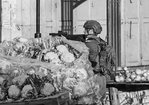 An Israeli soldier aims his rifle from behind a stack of cauliflower in Hebron after a seventeen-year-old Palestinian protester was shot dead by Israeli forces in the city the previous day. Mohammed al-Haddad is thought to be the first Palestinian to have been killed protesting the Trump administration's Middle East “peace plan.”(6 February, Hazem Bader/AFP via Getty Images)