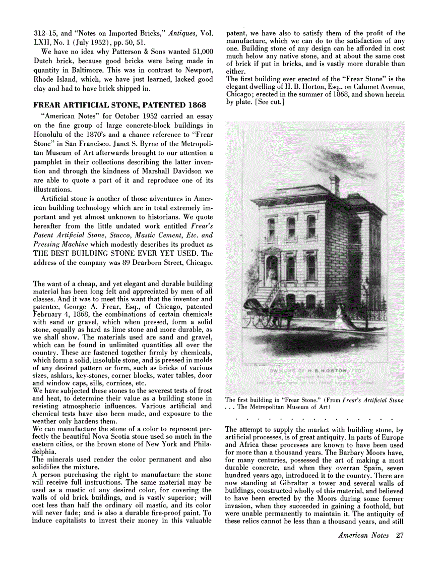 First page of Frear Artificial Stone, Patented 1868