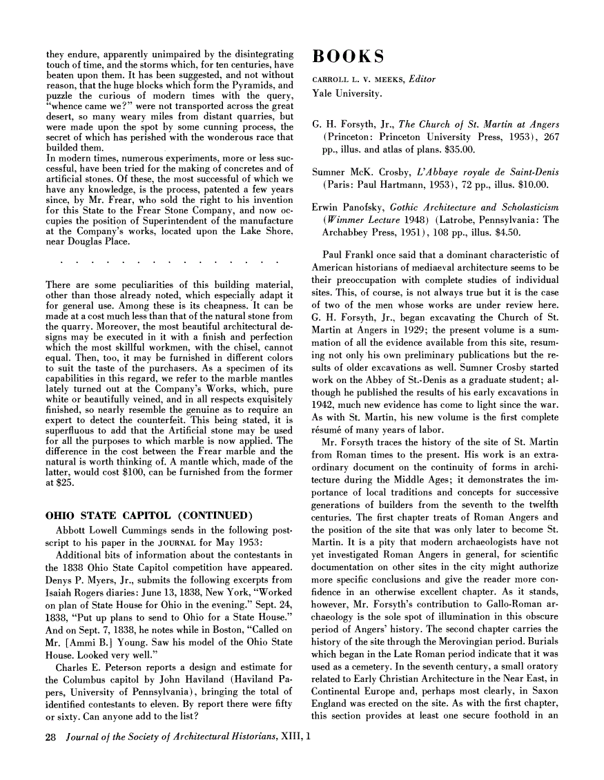 First page of Review: The Church of St. Martin at Angers by G. H. Forsyth, Jr.; L'Abbaye royale de Saint-Denis by Sumner McK. Crosby; Gothic Architecture and Scholasticism (Wimmer Lecture 1948) by Erwin Panofsky