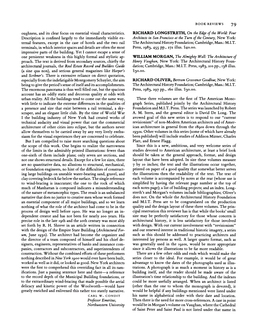 First page of Review: On the Edge of the World: Four Architects in San Francisco at the Turn of the Century by Richard Longstreth; The Almighty Wall: The Architecture of Henry Vaughan by William Morgan; Bertram Grosvenor Goodhue by Richard Oliver