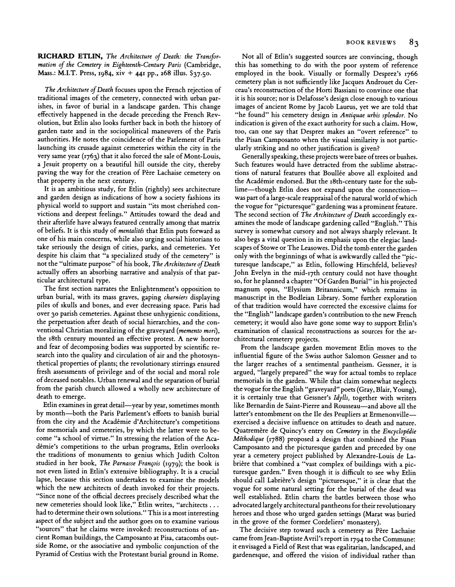 First page of Review: The Architecture of Death: The Transformation of the Cemetery in Eighteenth-Century Paris by Richard Etlin
