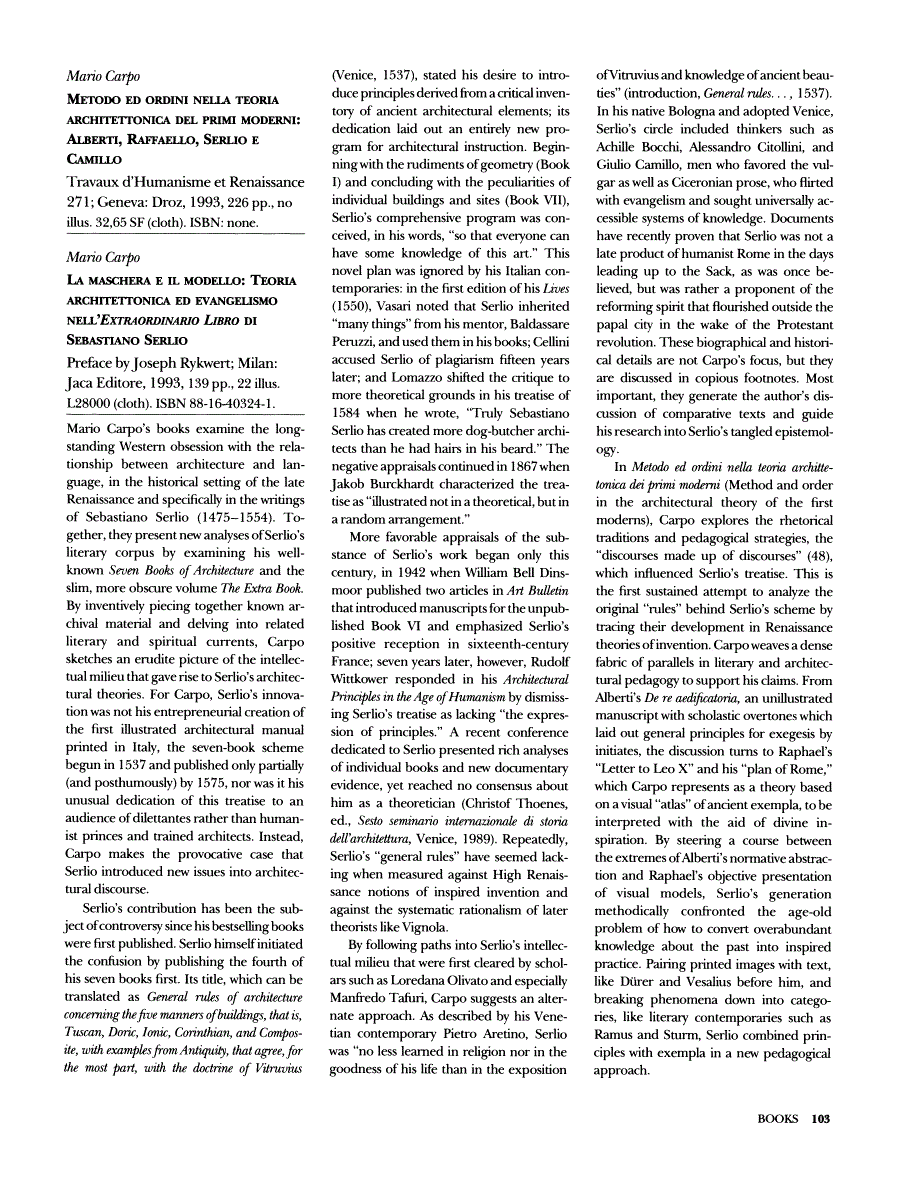 First page of Review: Metodo ed ordini nella teoria architettonica del primi moderni: Alberti, Raffaello, Serlio e Camillo by Mario Carpo; La maschera e il modello: Teoria architettonica ed evangelismo nell'Extraordinario Libro di Sebastiano Serlio by Mario Carpo