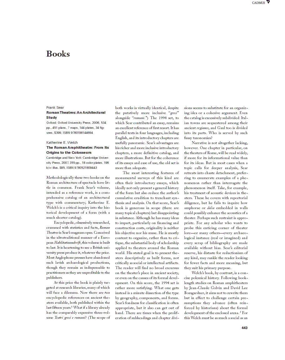 First page of Review: <italic>Roman Theatres: An Architectural Study</italic>, by Frank Sear and <italic>The Roman Amphitheatre: From Its Origins to the Colosseum</italic>, by Katherine E. Welch