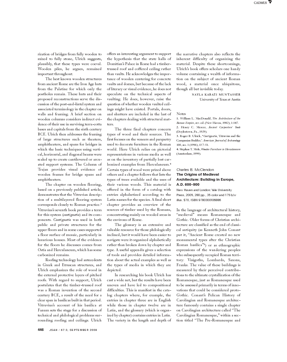 First page of Review: <italic>The Origins of Medieval Architecture: Building in Europe, A.D. 600–900</italic>, by Charles B. McClendon