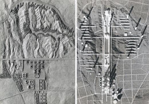Figure 1. Left: Louis Kahn, model of the Abbas Abad Master Plan, Tehran, 1974 (photo by George Pohl; Louis I. Kahn Collection, University of Pennsylvania and the Pennsylvania Historical and Museum Commission). Right: Kenzo Tange, model of the Abbas Abad Master Plan, Tehran, 1974 (photo by Osamu Murai).