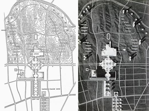 Figure 2. Left: Arata Isozaki, integration of Tange’s and Kahn’s proposals, Abbas Abad Master Plan, Tehran, 1974 (Louis I. Kahn Collection, University of Pennsylvania and the Pennsylvania Historical and Museum Commission). Right: Arata Isozaki, model of Abbas Abad Master Plan, Tehran, 1974 (photo by Osamu Murai).