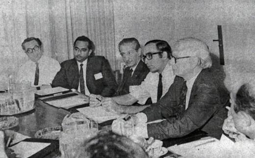 Figure 3. Mr. Sohi, I. M. Kadri, Keyghobad Zafar, Nader Ardalan, Louis Kahn, and Mehdi Kowsar (back to the camera) at the First International Congress of Architects, Isfahan, Iran, September 1970 (Laleh Bakhtiar and Leila Farhad, eds., The Interaction of Tradition and Technology: Report of the Proceedings of the First International Congress of Architects [Tehran: 25th Shahrivar Press, 1970], 23).