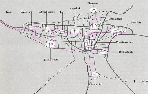 Figure 5. Victor Gruen Associates and Aziz Farmanfarmaian, Tehran Comprehensive Plan, 1969 (Llewelyn-Davies International, Shahestan Pahlavi: A New City Center for Tehran, Book I: The Master Plan [London: Llewelyn-Davies International, 1976], 30).