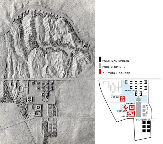 Figure 9. Left: Louis Kahn, clay model of the Abbas Abad Master Plan, Tehran, 1974 (Louis I. Kahn Collection, University of Pennsylvania and the Pennsylvania Historical and Museum Commission). Right: Diagram of Louis Kahn’s early scheme for the Abbas Abad Master Plan, Tehran, 1974 (author’s drawing).