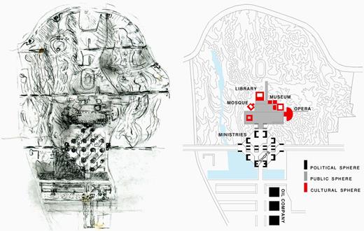 Figure 10. Left: Louis Kahn, final sketch of the Abbas Abad Master Plan, Tehran, 1974 (Louis I. Kahn Collection, University of Pennsylvania and the Pennsylvania Historical and Museum Commission). Right: Diagram of Louis Kahn’s final scheme for the Abbas Abad Master Plan, Tehran, 1974 (author’s drawing).