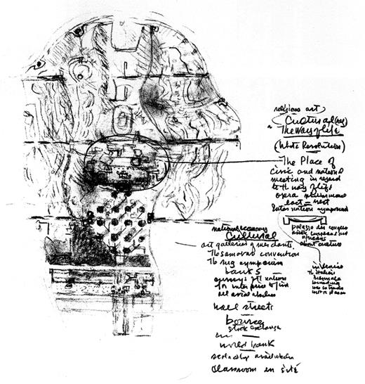 Figure 12. Louis Kahn, annotated final sketch of the Abbas Abad Master Plan, Tehran, 1974 (Louis I. Kahn Collection, University of Pennsylvania and the Pennsylvania Historical and Museum Commission).