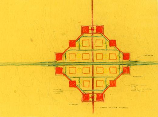 Figure 15. Louis Kahn, sketch for urban traffic, Abbas Abad Master Plan, Tehran, 1974 (Louis I. Kahn Collection, University of Pennsylvania and the Pennsylvania Historical and Museum Commission)