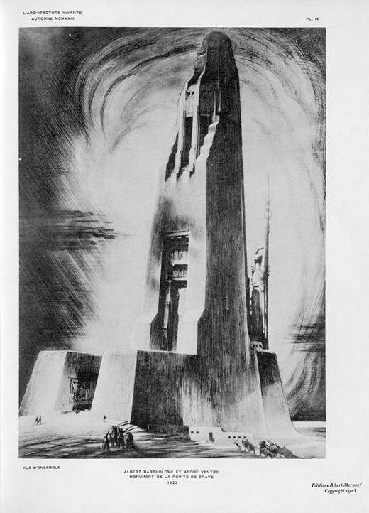 Figure 12. Albert Bartholomé and André Ventre, drawing for the Monument aux Américains at the Pointe de la Grave, Le Verdon-sur-Mer, France, 1922 (L'Architecture vivante, no. 1 [1923]).