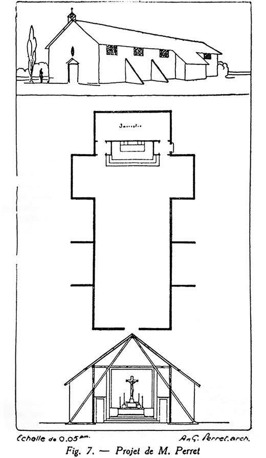 Figure 17. A. & G. Perret, drawings from a competition project for an emergency church, 1916 (Abel Fabre, “La reconstruction des églises dévastées,” La Vie & les Arts liturgiques 2, no. 20 [Oct. 1915–Feb. 1916], 323).