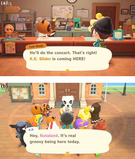 Screenshots of K. K. Slider’s first concert, showing (a) Tom Nook announcing K. K. Slider’s plans to come to the newly established three star-rated island, (b) K. K. Slider gathering the villagers on the plaza, (c) K. K. Slider performing “Welcome Horizons” for the first time, and (d) credits rolling.