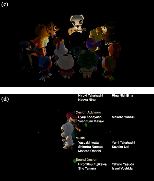 Screenshots of K. K. Slider’s first concert, showing (a) Tom Nook announcing K. K. Slider’s plans to come to the newly established three star-rated island, (b) K. K. Slider gathering the villagers on the plaza, (c) K. K. Slider performing “Welcome Horizons” for the first time, and (d) credits rolling.