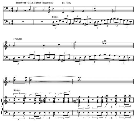 Fragments of Uematsu’s “Main Theme of Final Fantasy VII” heard quoted in the brass parts for the cue “Bombing Mission” in Final Fantasy VII Remake (from 2:40–2:54).