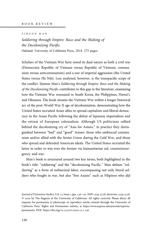 First page of Review: <italic>Soldiering through Empire: Race and the Making of the Decolonizing Pacific</italic>, by Simeon Man