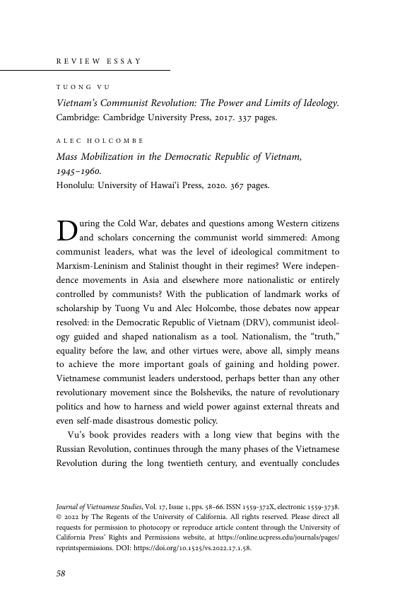 First page of Review: <italic>Vietnam’s Communist Revolution: The Power and Limits of Ideology</italic>, by Tuong Vu; <italic>Mass Mobilization in the Democratic Republic of Vietnam, 1945–1960</italic>, by Alec Holcombe