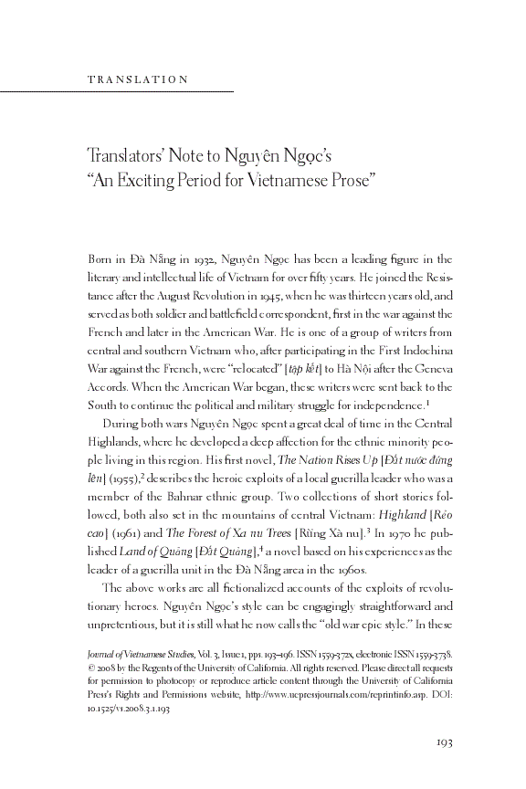 First page of Translators' Note to Nguyên Ngọc's "An Exciting Period for Vietnamese Prose"<alt-title alt-title-type="foot-running" />
