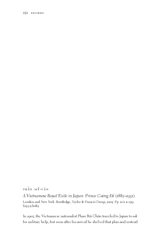 First page of Review: <italic>A Vietnamese Royal Exile in Japan: Prince Cường Để (1882–1951)</italic>, by Trần Mỹ-Vân