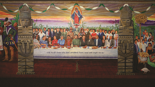 FIGURE 1. Jose Antonio Burciaga, The Last Supper of Chicano Heroes, 1987-89. From the mural triptych The Mythology of Maíz in the Stern Hall Dining Hall, South, Stanford University. Photo provided by Gina Hernandez-Clarke with permission from the Burciaga family. Image: J. Jones Photography.