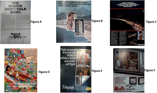 A, Propaganda Avianca, Travel Leisure, nov. 1974. B, Propaganda Othon Hotel, Hotel News, ano XIV, dez. n.º 74, 1975. C, Propaganda Philips, Manchete n.º 1288, 1976. D, Propaganda Flexa, Manchete, ed. 0941, 1970. E, Propaganda Kodak. F, Propaganda Mesbla-Philco, Rio Samba e Carnaval, n.º 11, 1982