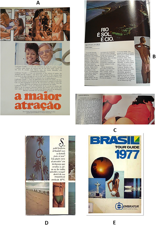 A, EMBRATUR, “A maior atração”, Rio, Samba e Carnaval, n.º 2, 1973. B, EMBRATUR, “Rio, é sol é cio”, Rio, Samba e Carnaval, n.° 11, 1982. C, EMBRATUR, Copacabana, Rio Service n.º 18, nov. 1983. Figuras D e E também são parte do material de divulgação da EMBRATUR, Brasil Tour Guide, 1977