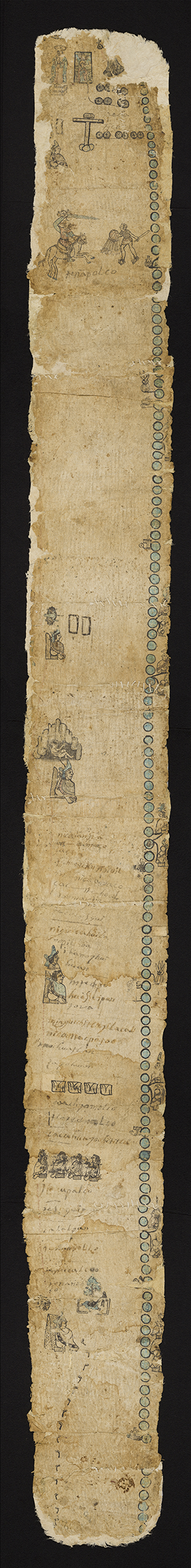 Overall visible light composite image of the tira, unidentified Nahua artist(s), Tira of don Martín (Codex Tetlapalco/Codex Saville), sixteenth century, amatl (fig bark paper), 57½ x 5½ x ⅛ in. (146.2 x 14 x 0.3 cm). National Museum of the American Indian (NMAI), Smithsonian Institution, Washington, DC, 13/6913, collected by Marshall Saville, purchased with funds from Thea Heye, 1925 (artwork in the public domain; photograph by Leah Bright and E. Keats Webb provided by NMAI Photo Services)