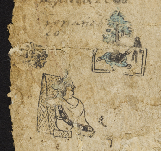 Detail of the founding Ocelotl tlahtoani and the place glyph showing a tree in a pond surrounded by a wall with a standing figure, unidentified Nahua artist(s), Tira of don Martín. National Museum of the American Indian, Smithsonian Institution, 13/6913 (artwork in the public domain; photograph by Leah Bright and E. Keats Webb provided by NMAI Photo Services)