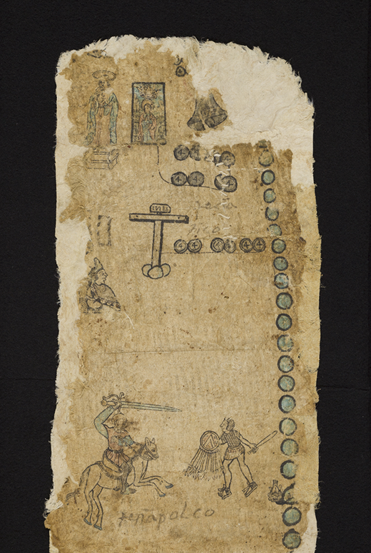 Approximately top fourth of amatl showing the battle, final tlahtoani, and establishment of the Christian church, unidentified Nahua artist(s), Tira of don Martín. National Museum of the American Indian, Smithsonian Institution, 13/6913 (artwork in the public domain; photograph by Leah Bright and E. Keats Webb provided by NMAI Photo Services)