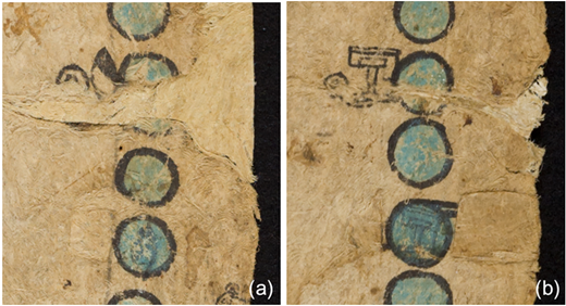 Details showing painted-over year bearers: a. Tecpatl (Flint) inside the circle of the xihuitl, with tethered Ce Tecpatl (1 Flint) year bearer two years above. b. A second example of painted-over year bearer at Calli (House) moved two years up and marked with tethered Ce Calli (1 House). Unidentified Nahua artist(s), Tira of don Martín. National Museum of the American Indian, Smithsonian Institution, 13/6913 (artwork in the public domain; photograph by Leah Bright and E. Keats Webb provided by NMAI Photo Services)