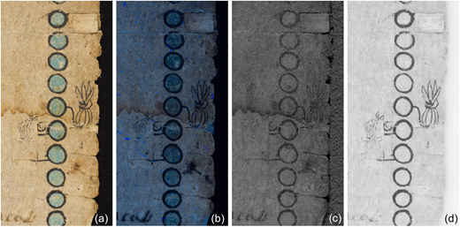 Four areas of edited, pasted-over year bearers using different imaging modes, with pasted-over Ce Tochtli (1 Rabbit) at center in (a) visible light; (b) ultraviolet-induced visible luminescence (UVL); (c) reflected ultraviolet (RUV); (d) reflected infrared (RIR), where the Ce Tochtli year bearer is most visible. Unidentified Nahua artist(s), Tira of don Martín. National Museum of the American Indian, Smithsonian Institution, 13/6913 (artwork in the public domain; photograph by Leah Bright and E. Keats Webb provided by NMAI Photo Services)