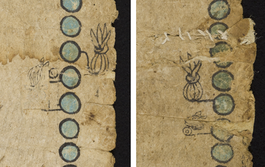 Details showing addition of toxiuhmolpia bundles, unidentified Nahua artist(s), Tira of don Martín. National Museum of the American Indian, Smithsonian Institution, 13/6913 (artwork in the public domain; photograph by Leah Bright and E. Keats Webb provided by NMAI Photo Services)