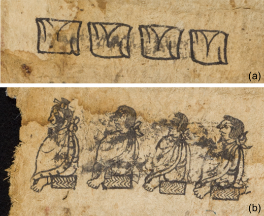 a. Detail of the four mantas. b. Detail of the four lords. Unidentified Nahua artist(s), Tira of don Martín. National Museum of the American Indian, Smithsonian Institution, 13/6913 (artwork in the public domain; photograph by Leah Bright and E. Keats Webb provided by NMAI Photo Services)