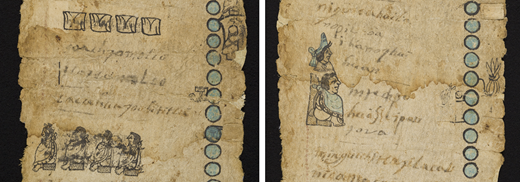 Details showing distinct layering of inks in visible light, iron gall ink written over a likely carbon-based ink, unidentified Nahua artist(s), Tira of don Martín. National Museum of the American Indian, Smithsonian Institution, 13/6913 (artwork in the public domain; photographs by Leah Bright and E. Keats Webb provided by NMAI Photo Services)