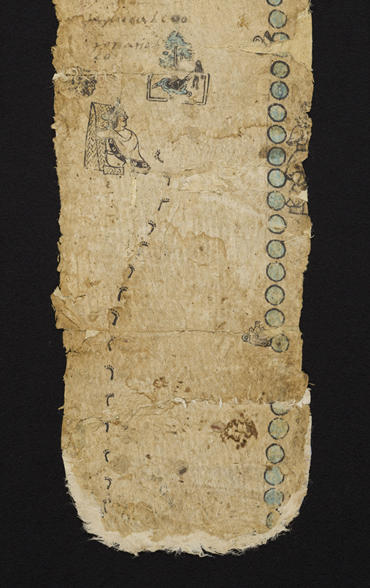 The beginning of the tira, approximately lower fourth of the amatl, showing footprints leading to the founding Ocelotl tlahtoani, unidentified Nahua artist(s), Tira of don Martín. National Museum of the American Indian, Smithsonian Institution, 13/6913 (artwork in the public domain; photograph by Leah Bright and E. Keats Webb provided by NMAI Photo Services)
