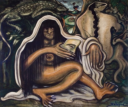 Salarrué, Sihuanahual, s.f., óleo sobre lienzo, 41 x 48⅞ pulg. (104 x 124 cm). Colección privada (reproducción cortesía de Paul Salarrue Clark, Bruce W. Clark, Selva Prieto Salazar y Asociación Museo del Arte de El Salvador; fotografía tomada por Eduardo Fuentes)