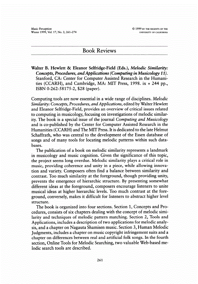 First page of Review: <italic>Melodic Similarity: Concepts, Procedures, and Applications (Computing in Musicology 11)</italic>, by Walter B. Hewlett and Eleanor Selfridge-Field