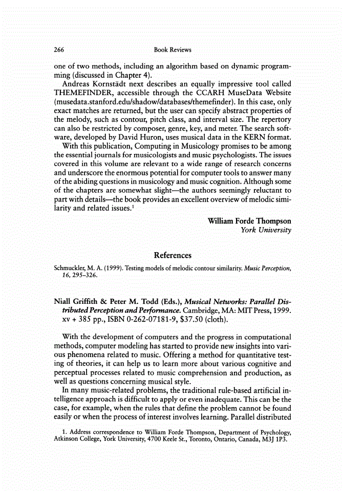 First page of Review: <italic>Musical Networks: Parallel Distributed Perception and Performance</italic>, by Niall Griffith and Peter M. Todd