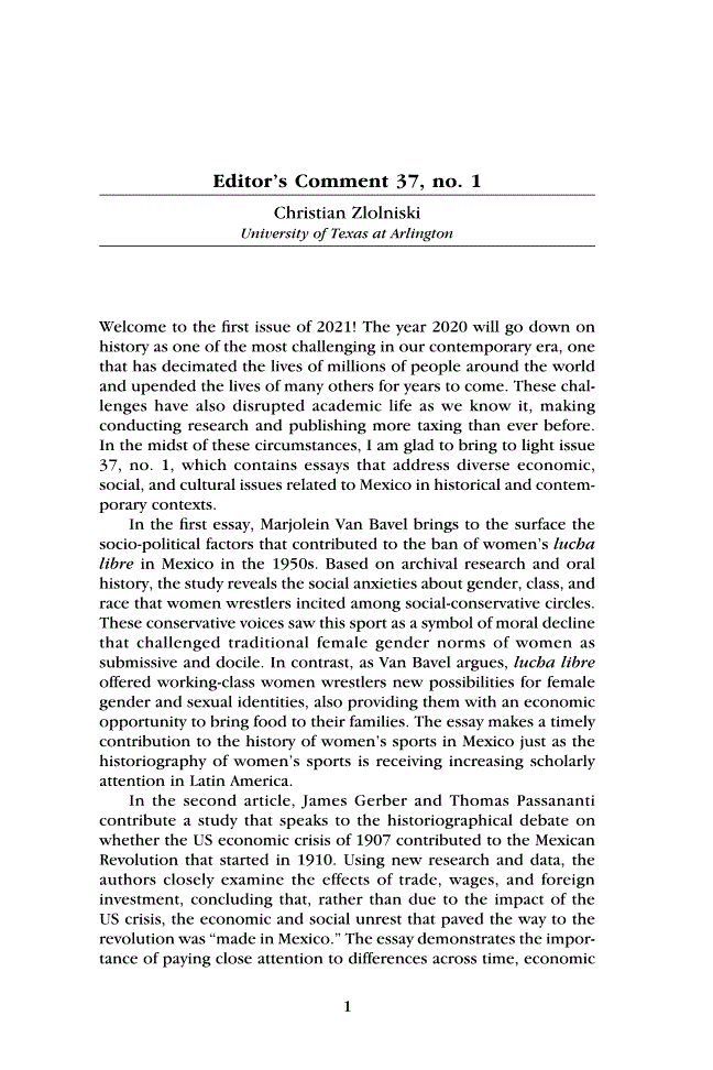First page of Editor’s Comment 37, no. 1<subtitle>Nota del editor 37, no. 1</subtitle>