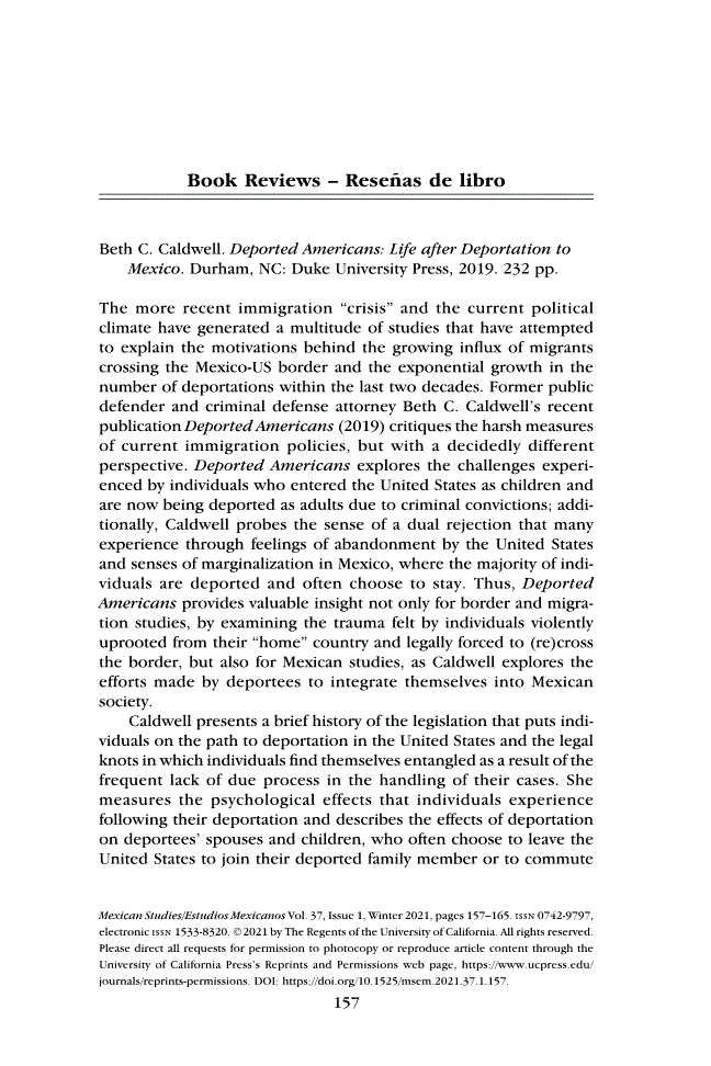 First page of Review: <italic>Deported Americans: Life after Deportation to Mexico</italic>, by Beth C. Caldwell