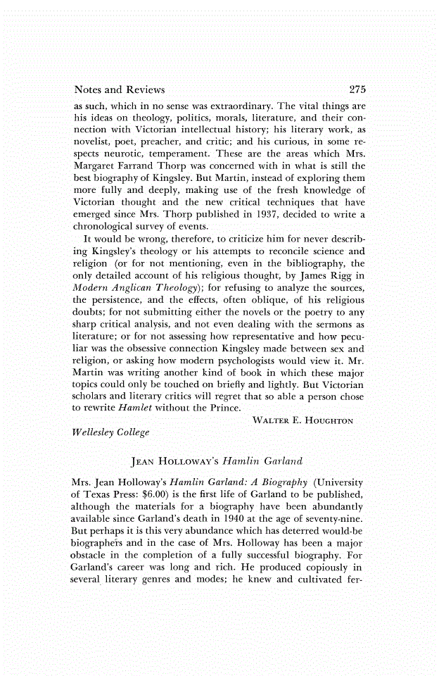 First page of Review: <italic>Hamlin Garland: A Biography</italic>, by Jean Holloway